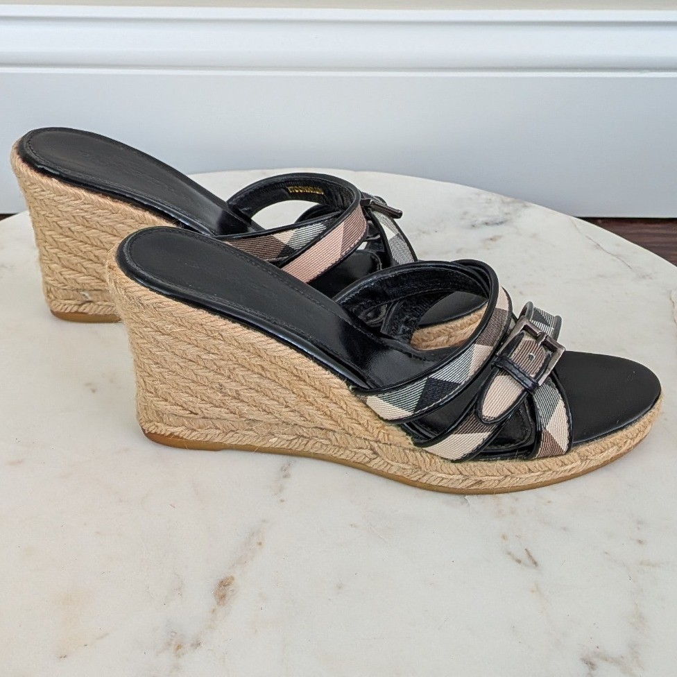 Burberry Nova Check Espadrille Wedge Sandals Black Patent Leather IT 37 3460643