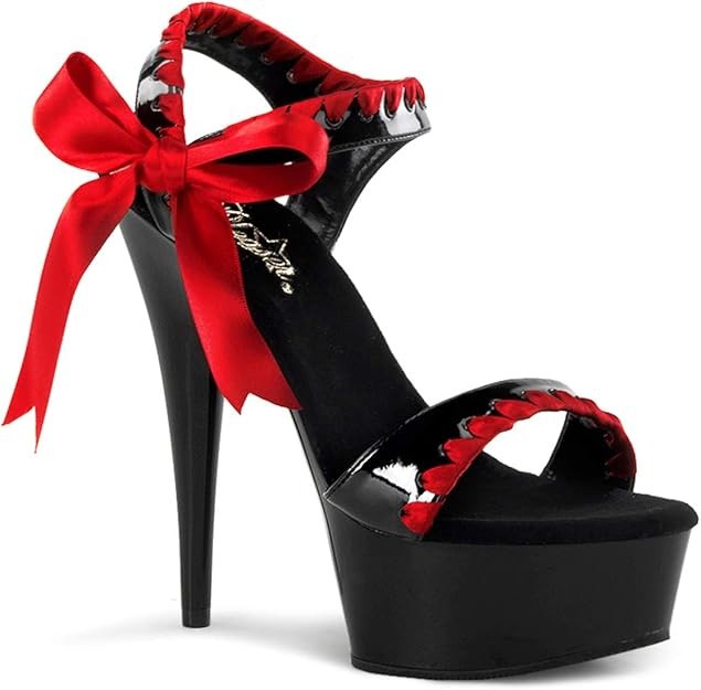 Pleaser DELIGHT-615 6″ Heel Ankle Strap PF Sandal, Blk-Red/Blk, 12