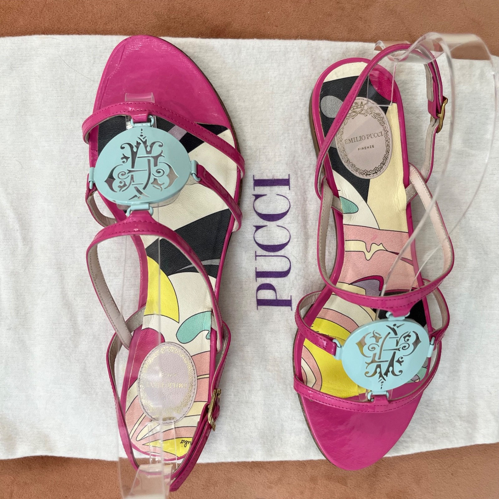 Emilio Pucci Leather Sandals Flats W Dust Bag Pink Green Logo Medallion- Size 37