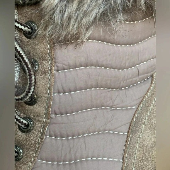 Women’s Lace Up Quilted Ankle Boots Faux Fur Trim Block Heel Taupe Size 6.5