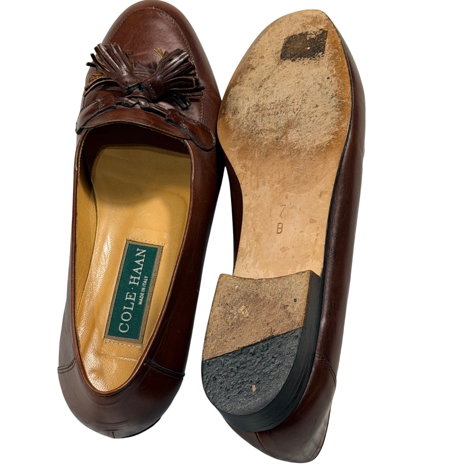 Cole Haan Vintage Brown Leather Tassel Loafers Made in Italy Womens 7 B Preppy