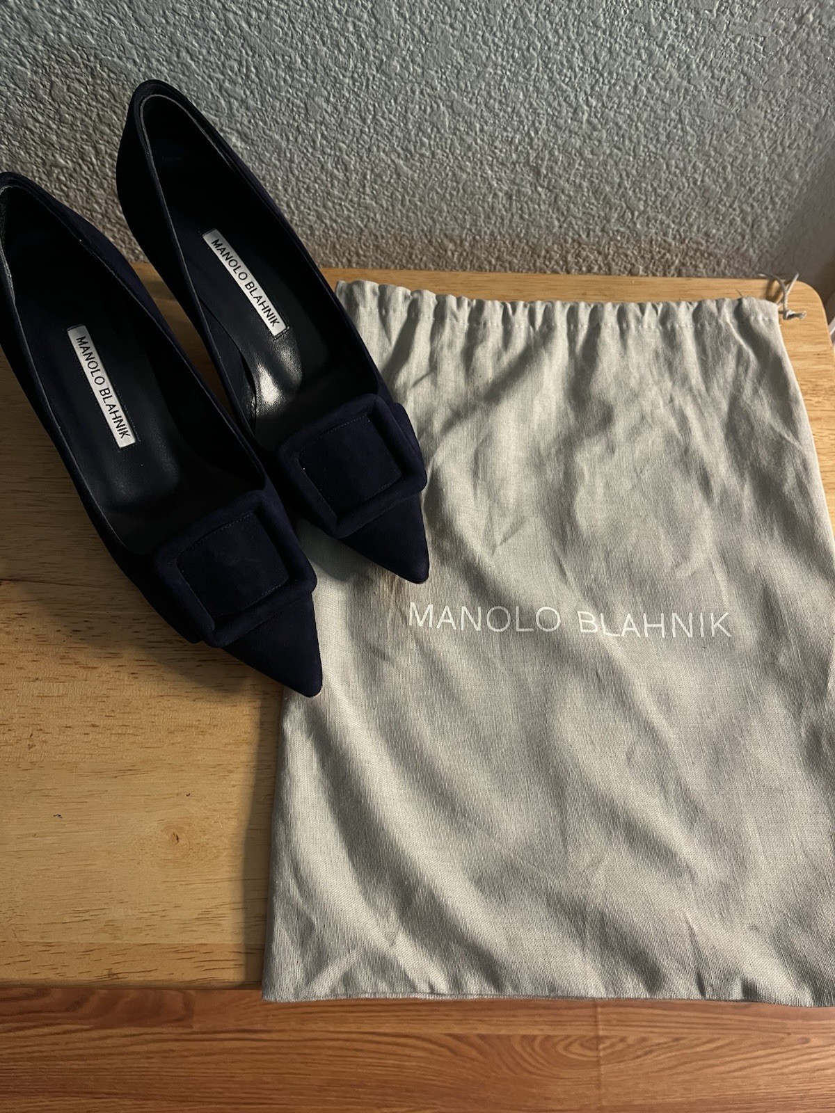 Manolo Blahnik Blue Suede Pointed Toe Pump Heels w/ Buckle Accent, US 6