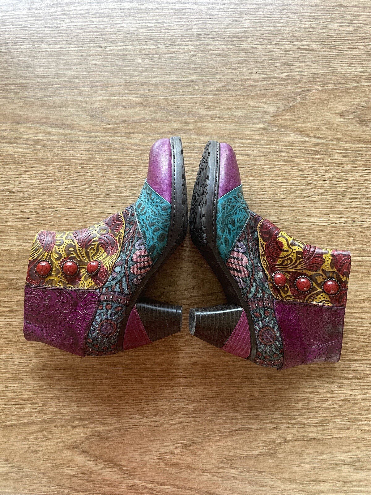 Socofy colorful womens leather boots size 38, with a side zip and a 2 3/4 heel