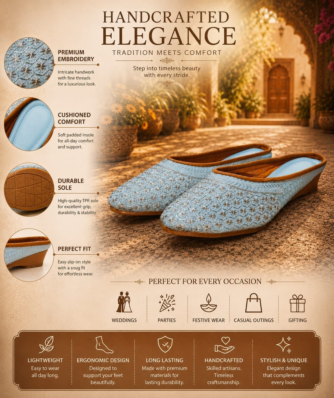 Women’s Sky Blue Embroidered Boho Mule Flats Slip On Ethnic Jutti Shoes