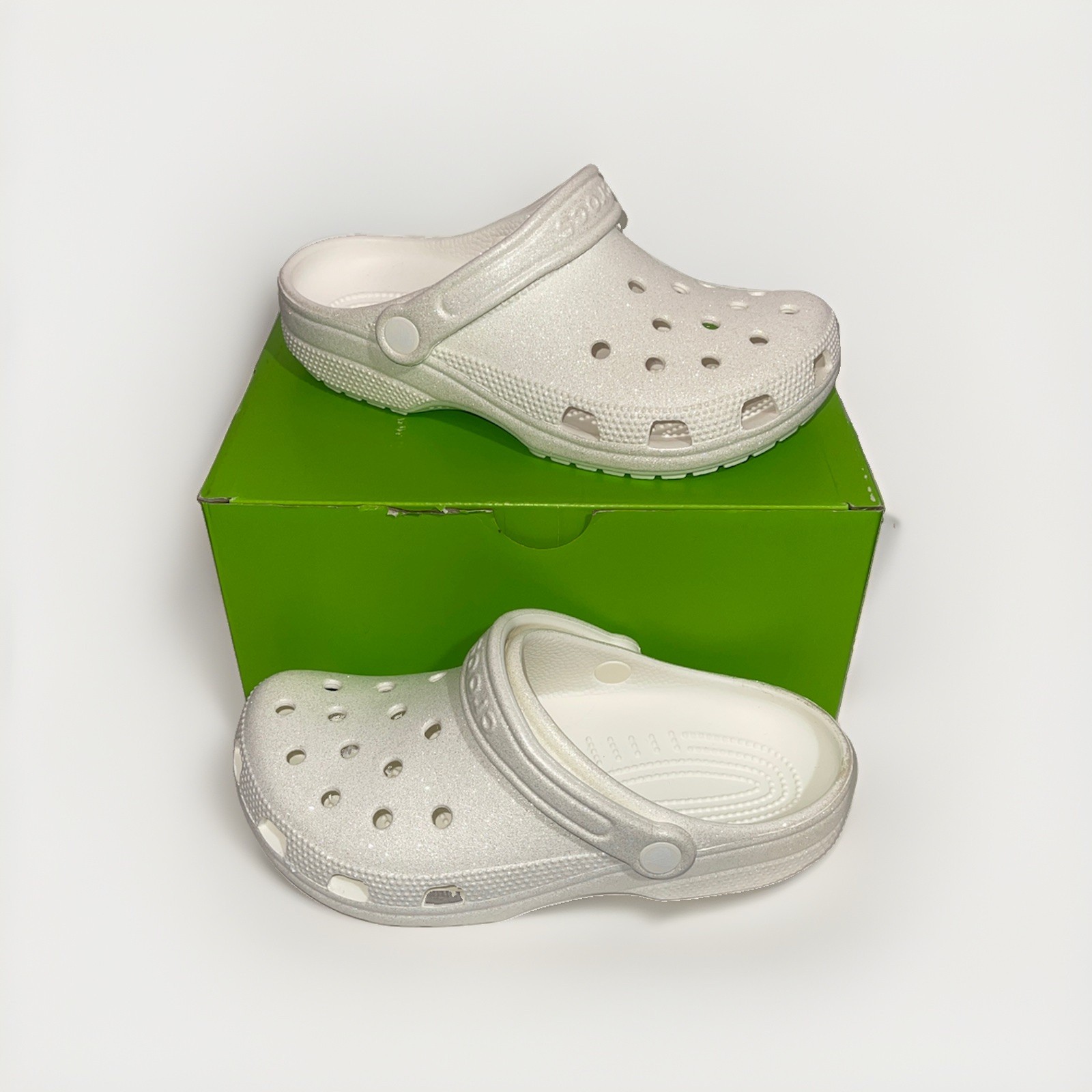 Crocs Classic Glitter Clogs Women 7 Men 5 White Sparkle Slip On Casual Shoes