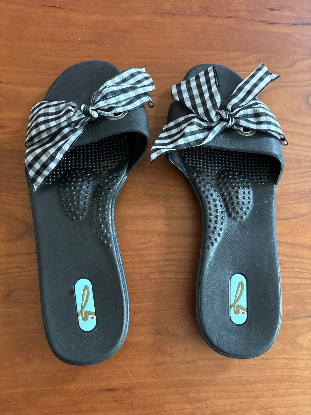 Oka-B Black Slides Sandals with Black/white Gingham Bows Size M 7.5 to 8