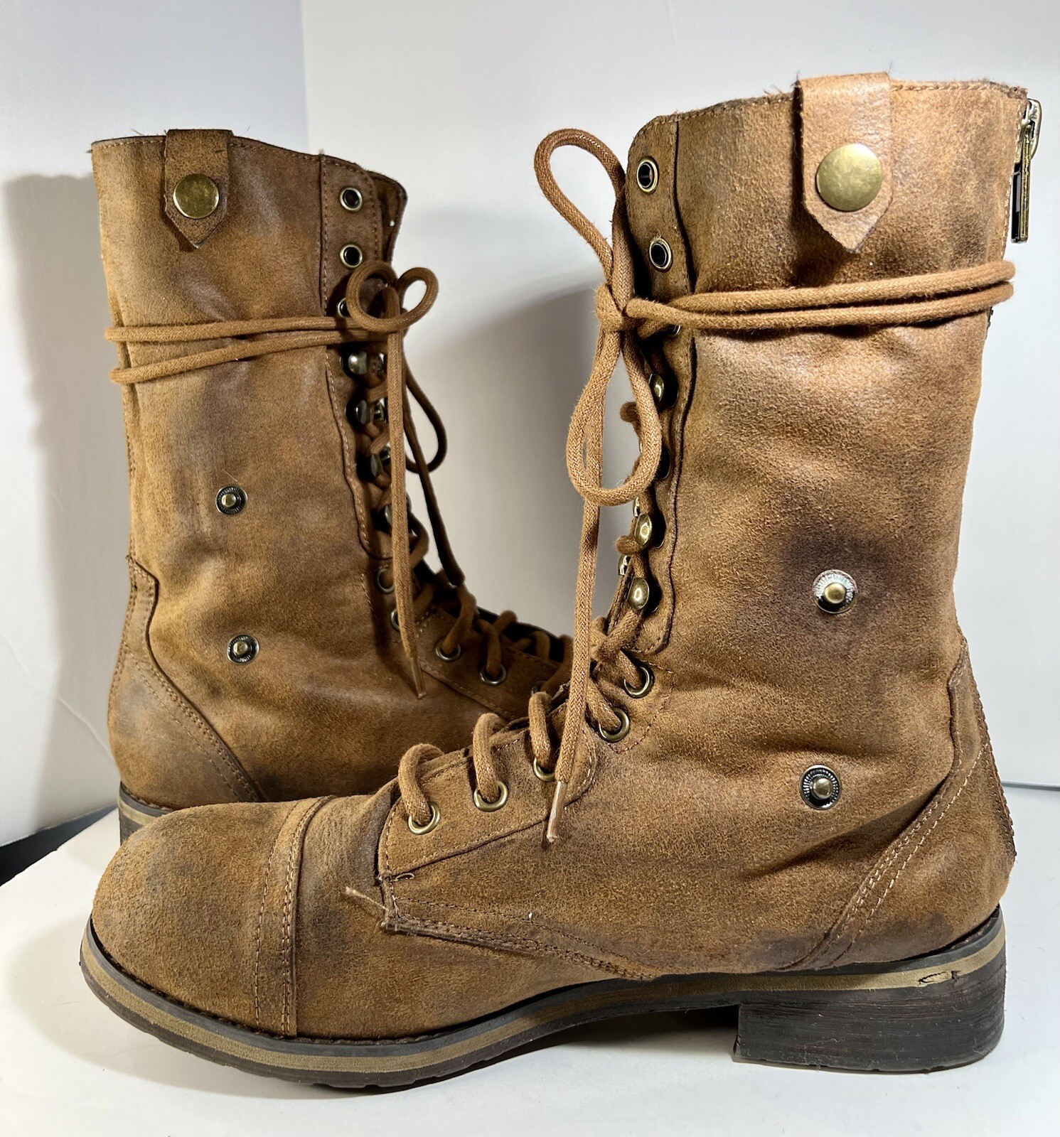 Madden Girl 9M Brown Combat Boots Destinn Faux Fur Lined Lace Up Zip Back 1”