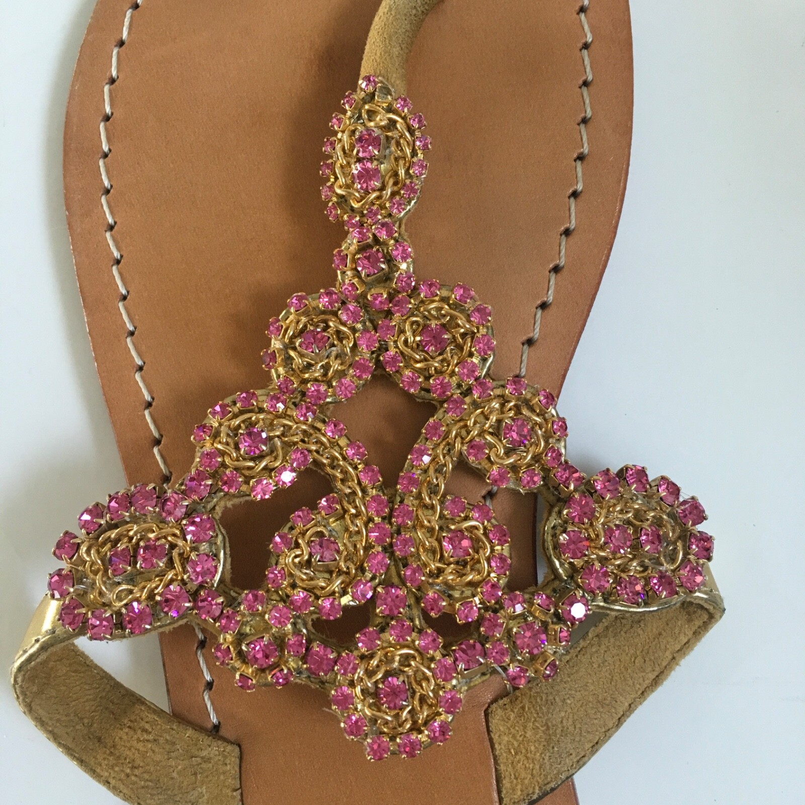 Mystique Pink Czech Crystals Gold Chain Leather Thong Sandal Sz 6 Babiecore Boho