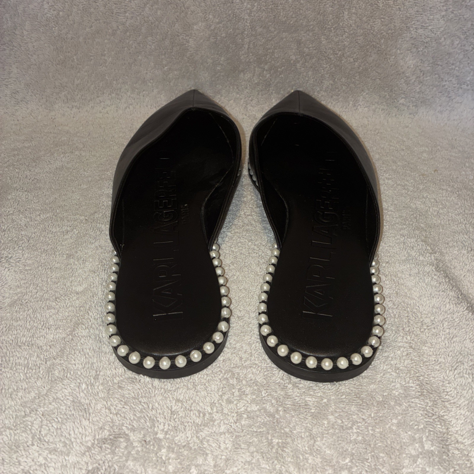 Karl Lagerfeld Paris Vyra Black Leather Faux Pearl Studded Mules Flats Sz 9.5M