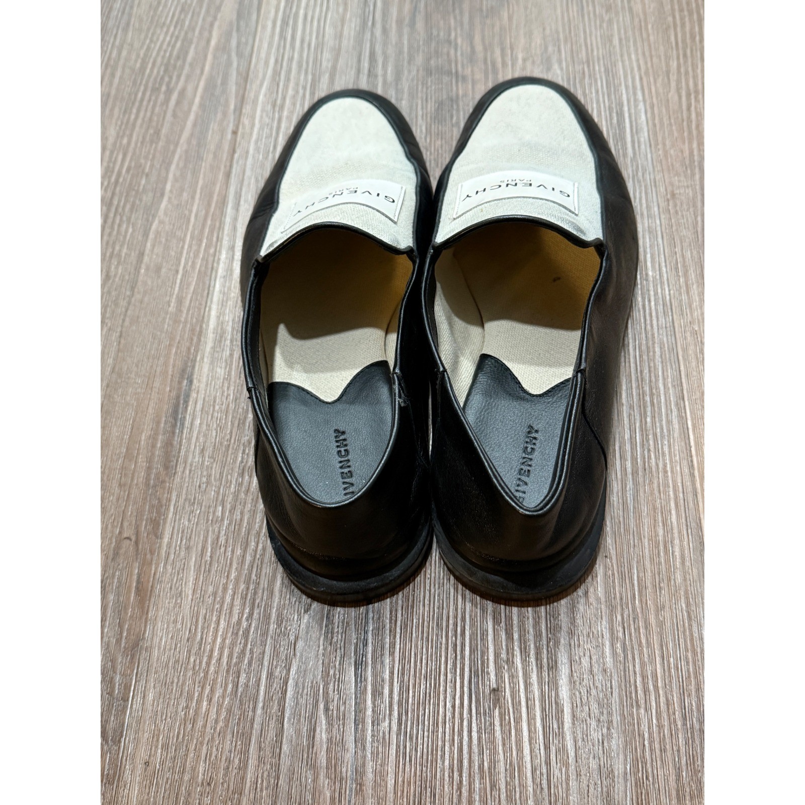 Givenchy Paris Black Leather Cream Canvas Logo Loafers Flats Made in Italy 38