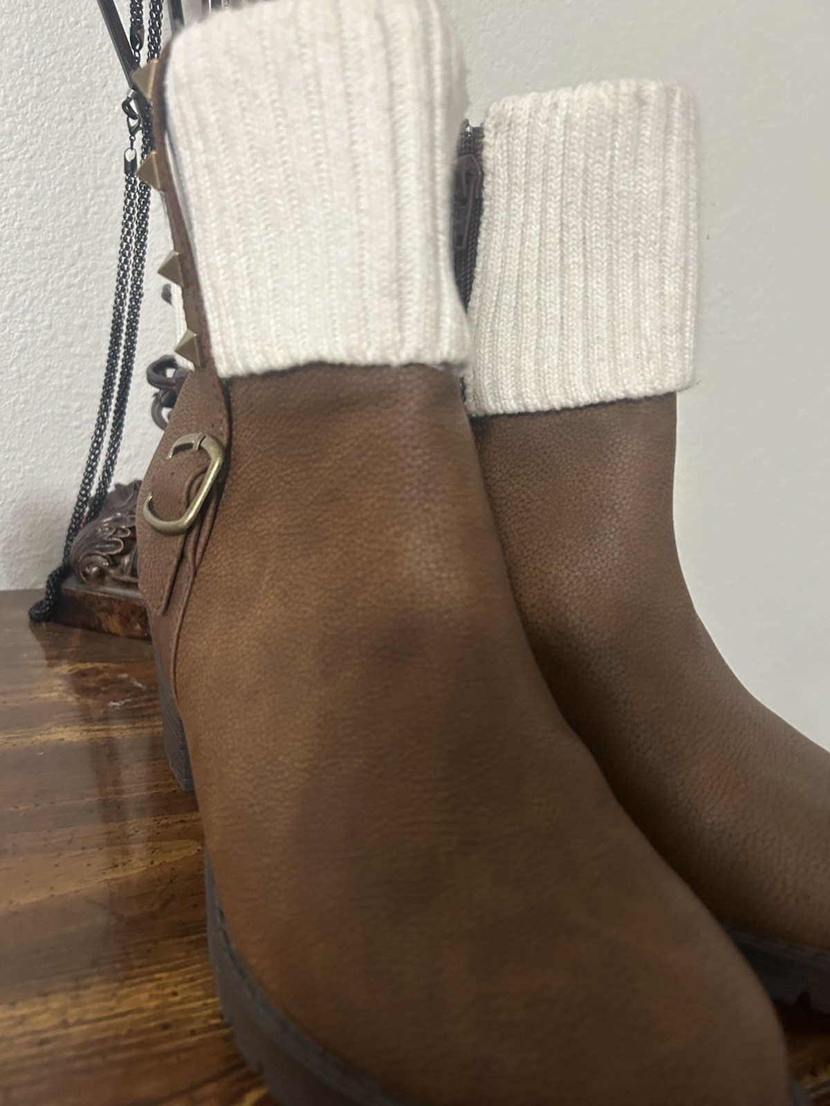 Secret Celebrity Brown Faux Leather Knit Ankle Bootie Zip Buckle Stud Cuff