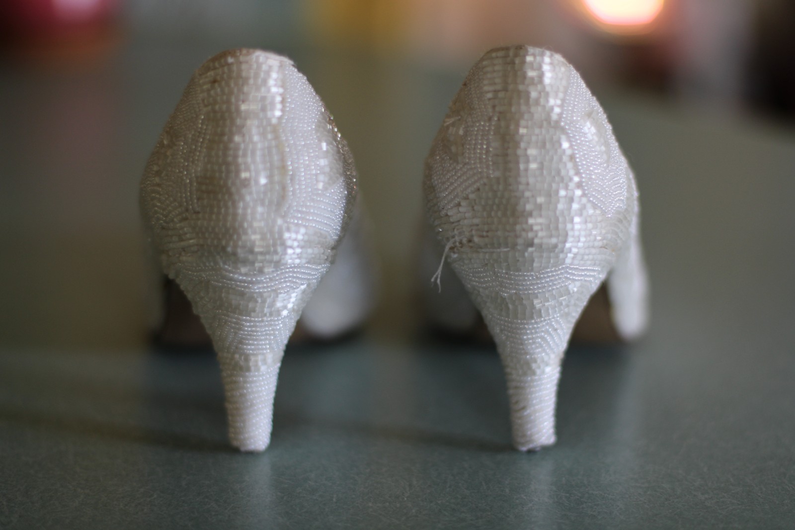 Vintage 90s Dyeables Wedding Heels White Beaded Women US size 6.5 Needs repairs
