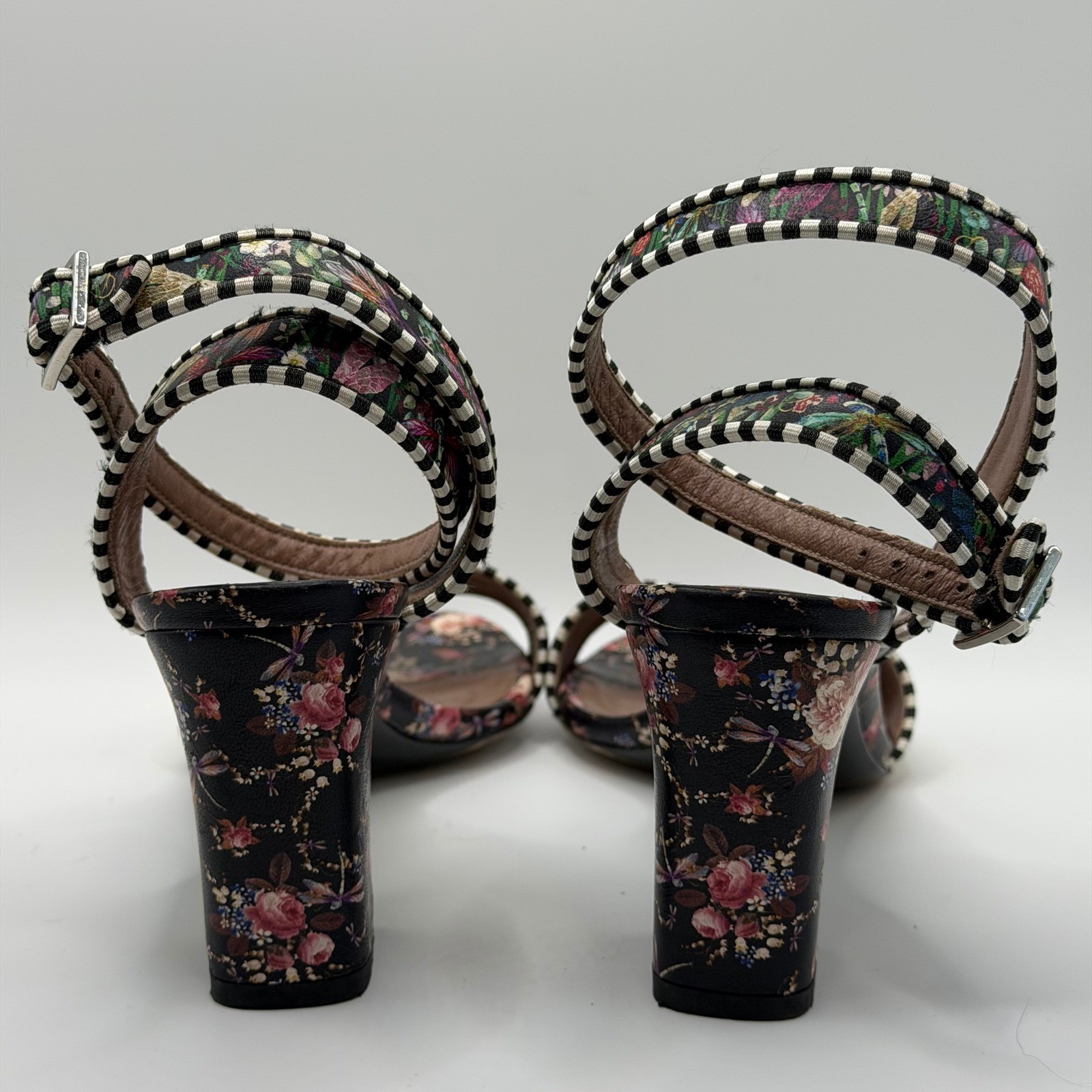 Tabitha Simmons Leticia Floral Block Heel Sandals Striped Trim Size 37