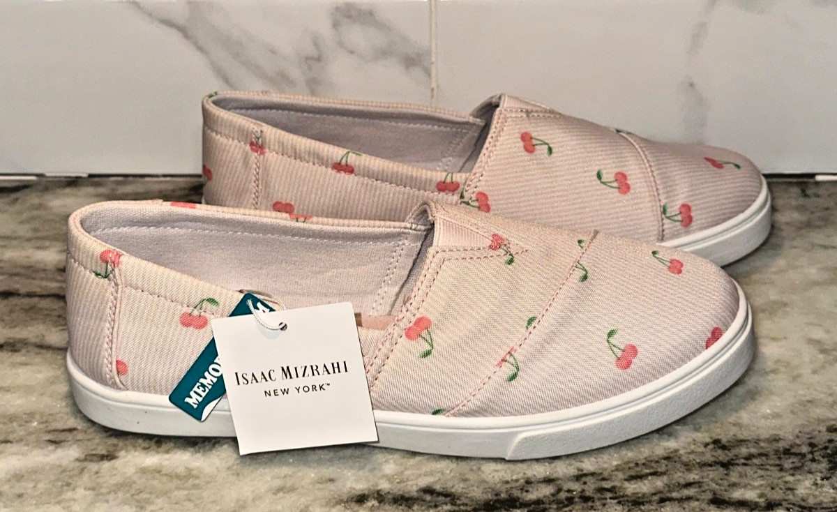 Isaac Mizrahi Womens Cherry Stripe Print CANVAS SNEAKERS Slip Ons Size 8.5 NEW