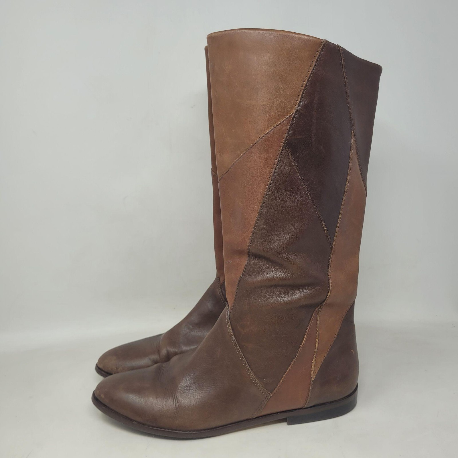 Vintage Brown Leather Boots 9 Patchwork Tall Minimalist 80s Slouchy Boho Retro