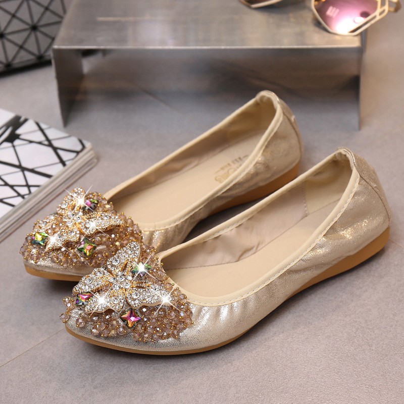 Rhinestone Butterfly Women’s Faux Leather Pointy Toe Shoes Slip On Loafers Flats