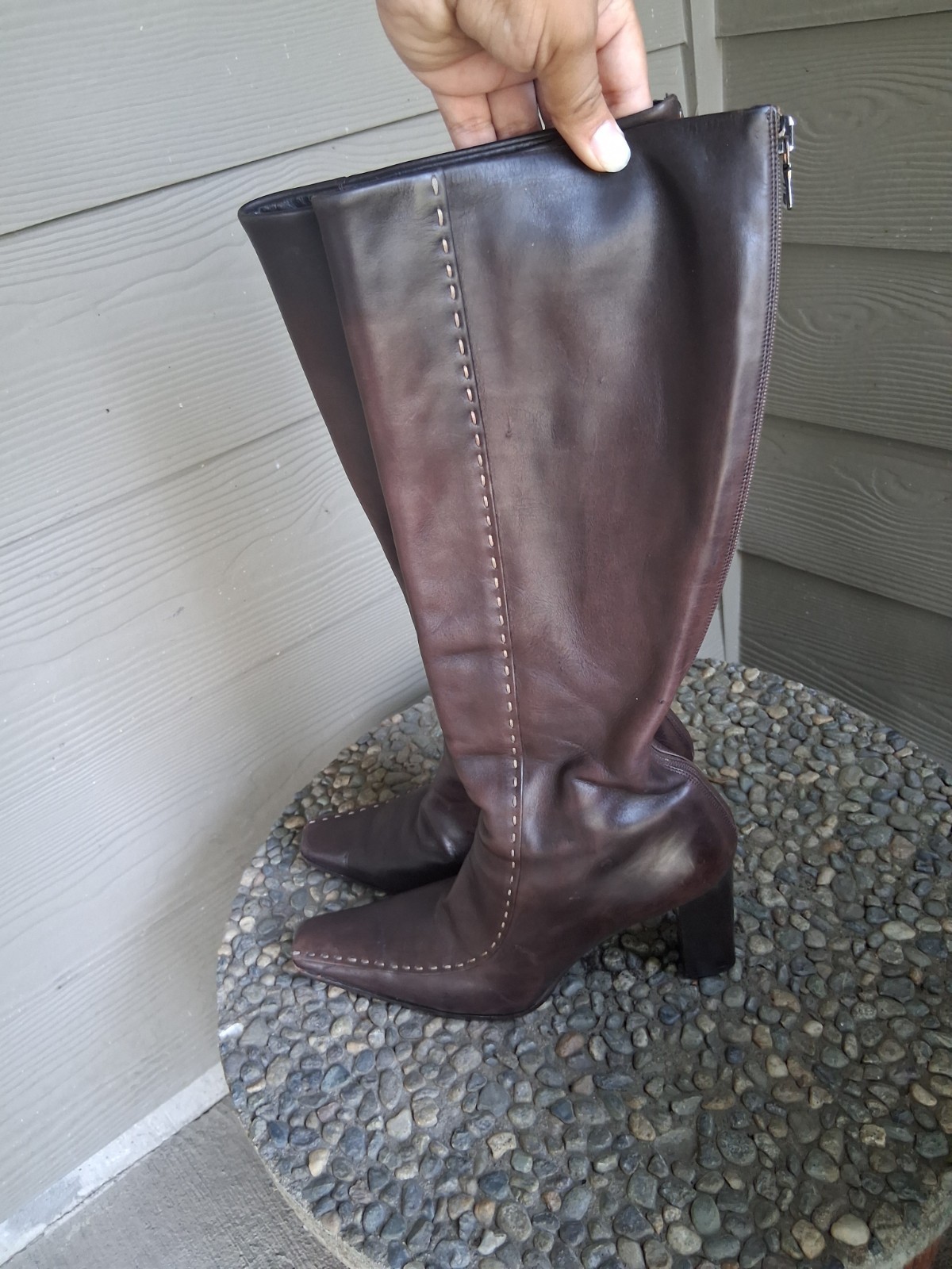 Prada Brown Leather Knee-High Riding Boots Pointed Toe Zip EU 39