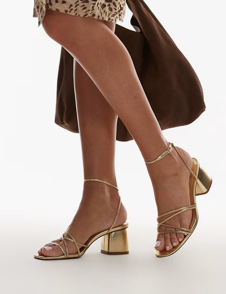 NEW MANGO MNG GOLD BLOCK HEEL STRAPPY SANDALS SHOES SZ 38 US 7.5