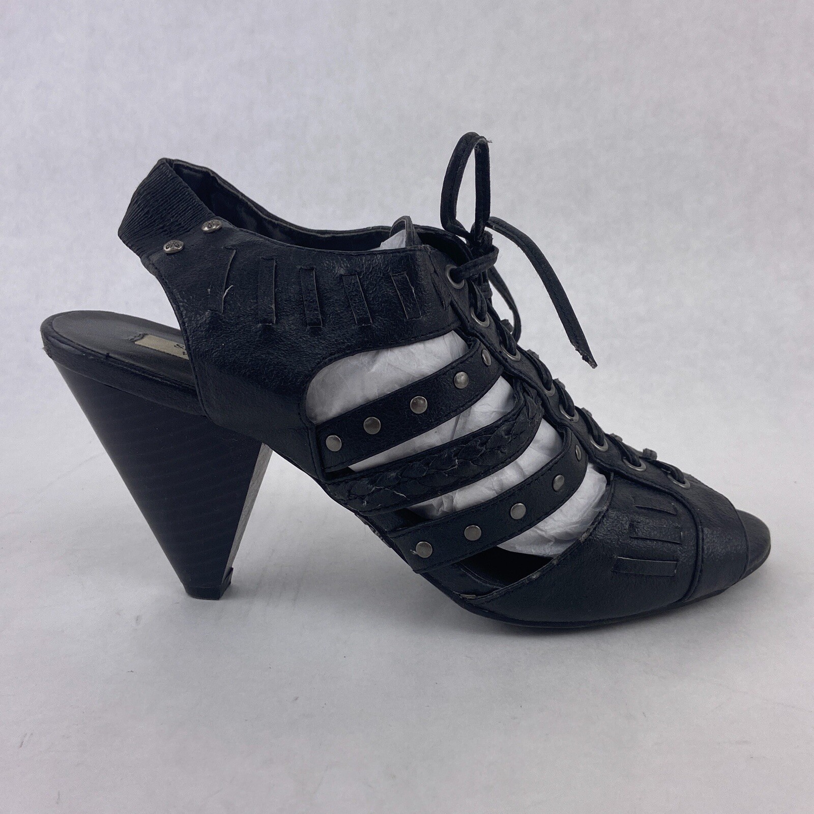 Simply Vera Wang Heels Women 8 M Black Hades Lace Up Studded Sling Back Shoes 3″