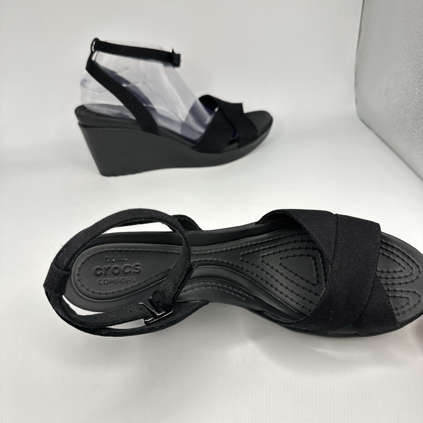 Crocs — Leigh II Women 11 Ankle Strap Wedge Canvas Croslite Foam Sandal 204950
