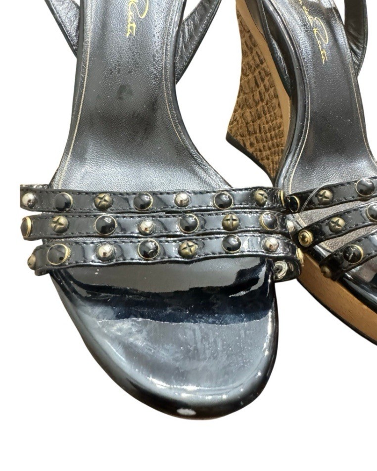 OSCAR DE LA RENTA LAST ZEPPA BLACK PATENT WEDGE SANDALS ITALY SZ 37 / US 7