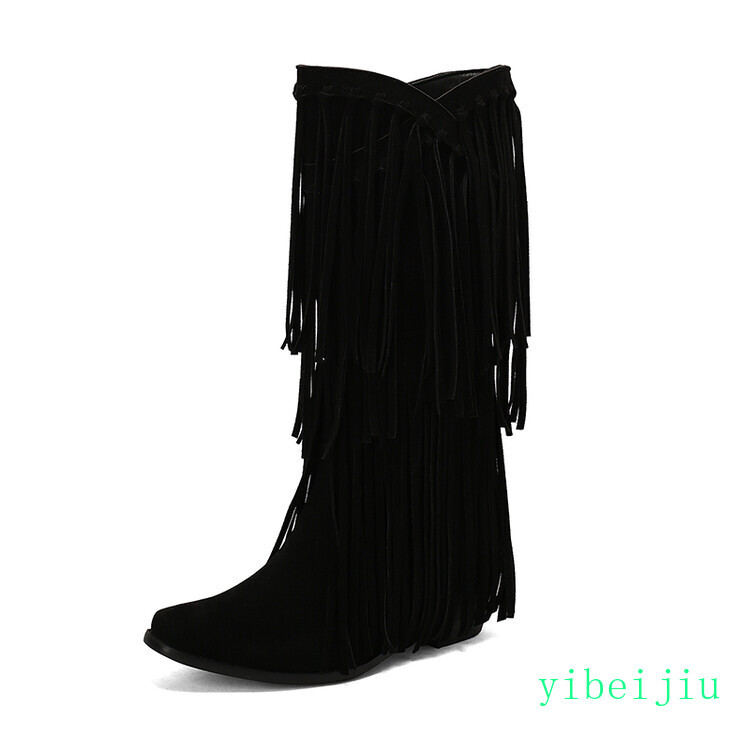 Womens Tassel Fringe Mid Calf Boots Mid Block Heel Western Cowgirl Shoes Hot