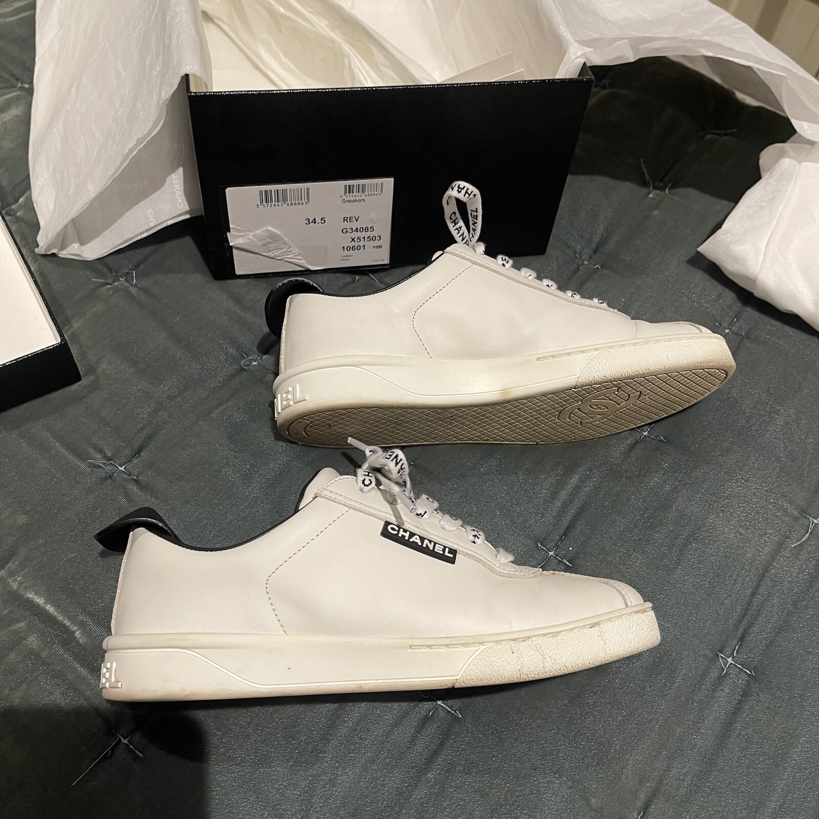 Chanel Logo Pull Tab Lace-up Sneakers White & Black Size 34.5