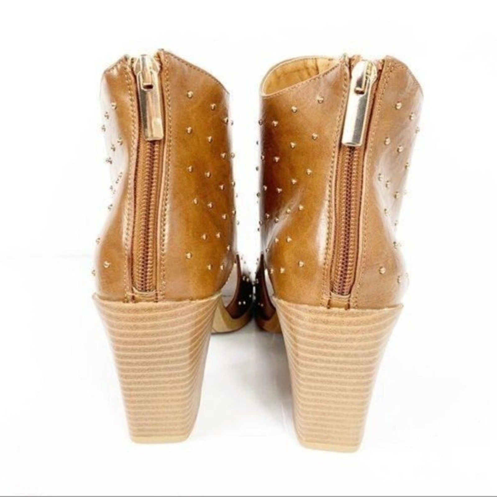 Celebrity Pink NEW Tan Open Toe Booties Block Heel Studded Ankle Boots Size 7.5