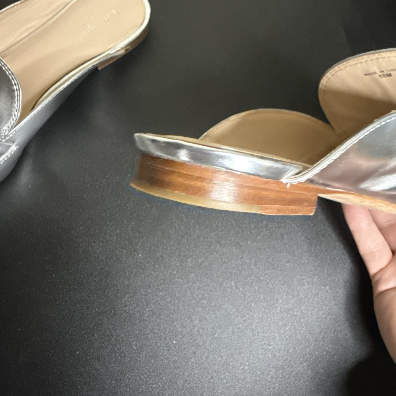 Kate Spade New York Laura Silver Specchio Leather Mules Slides Women Size 10M