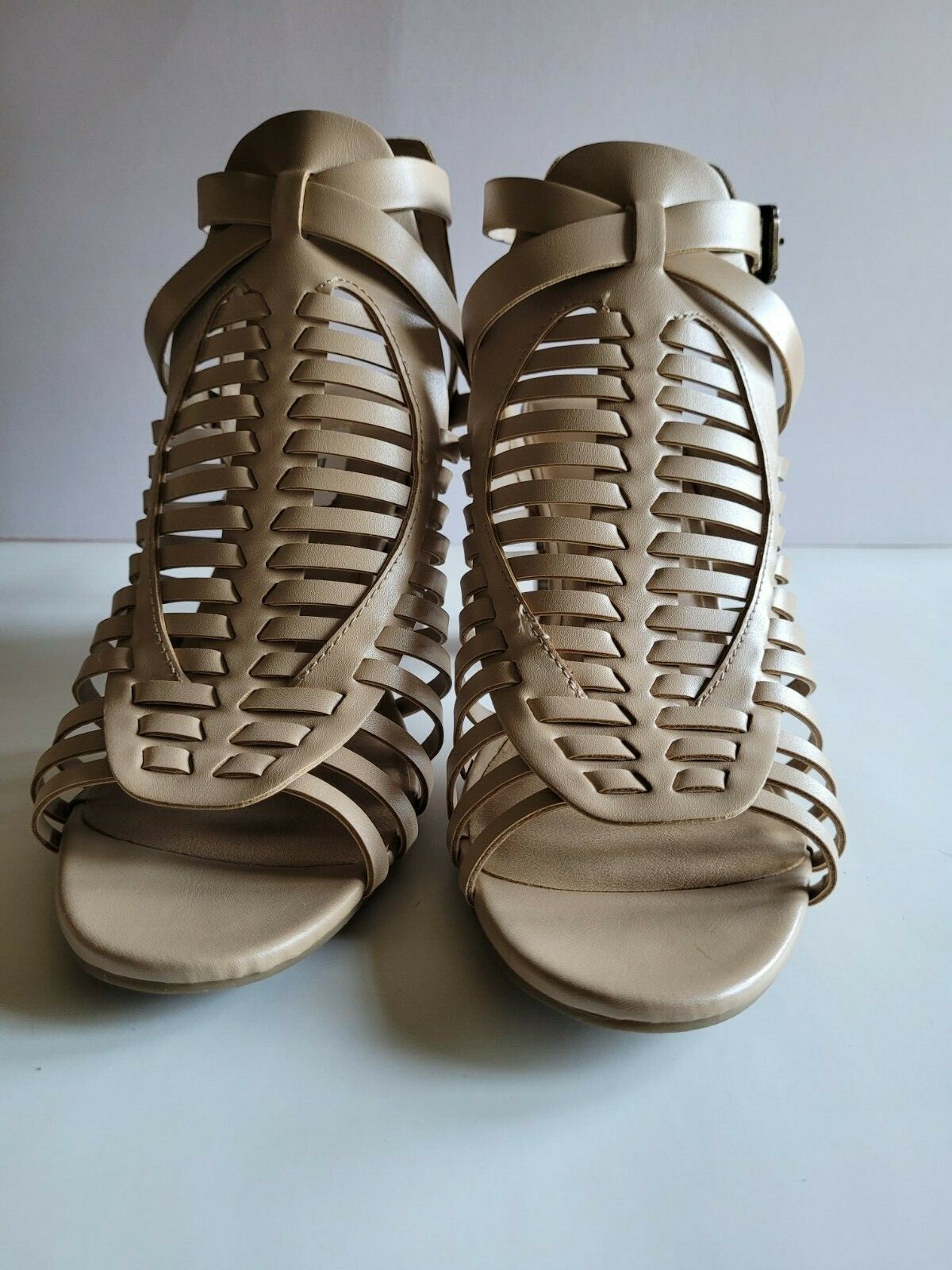 American Eagle Beige Cage Heeled Sandals With Buckle S11 Open Toes -3.25in heel