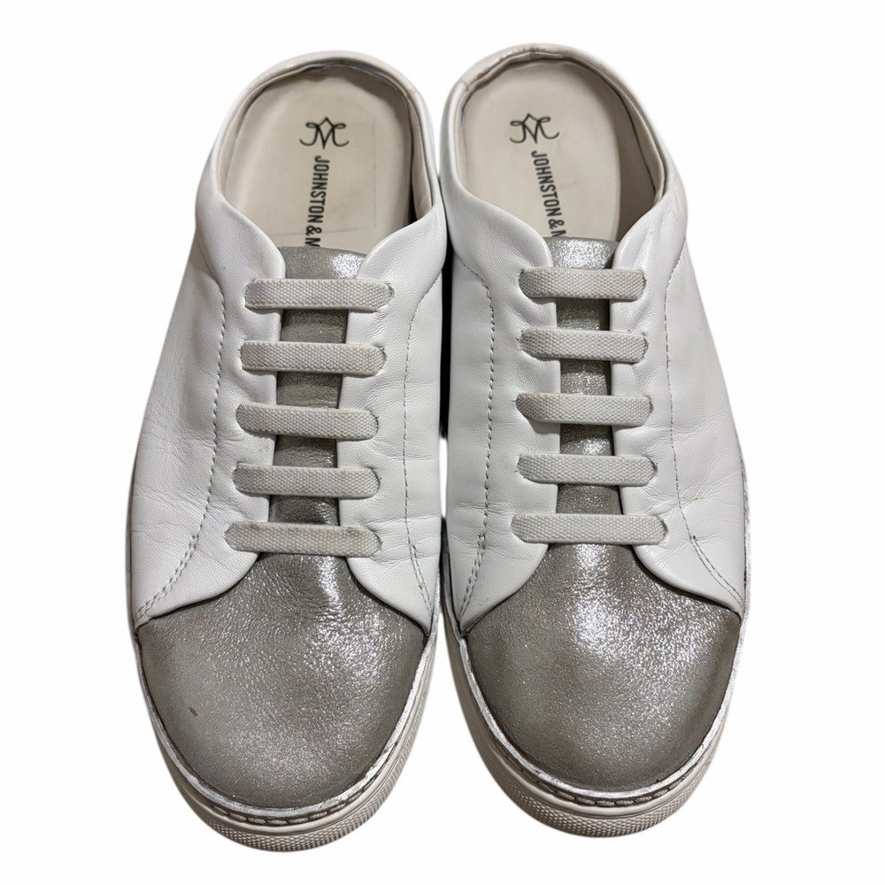 Johnston & Murphy White Metallic Silver Women’s Slip On Sneakers Callie Mule 8.5