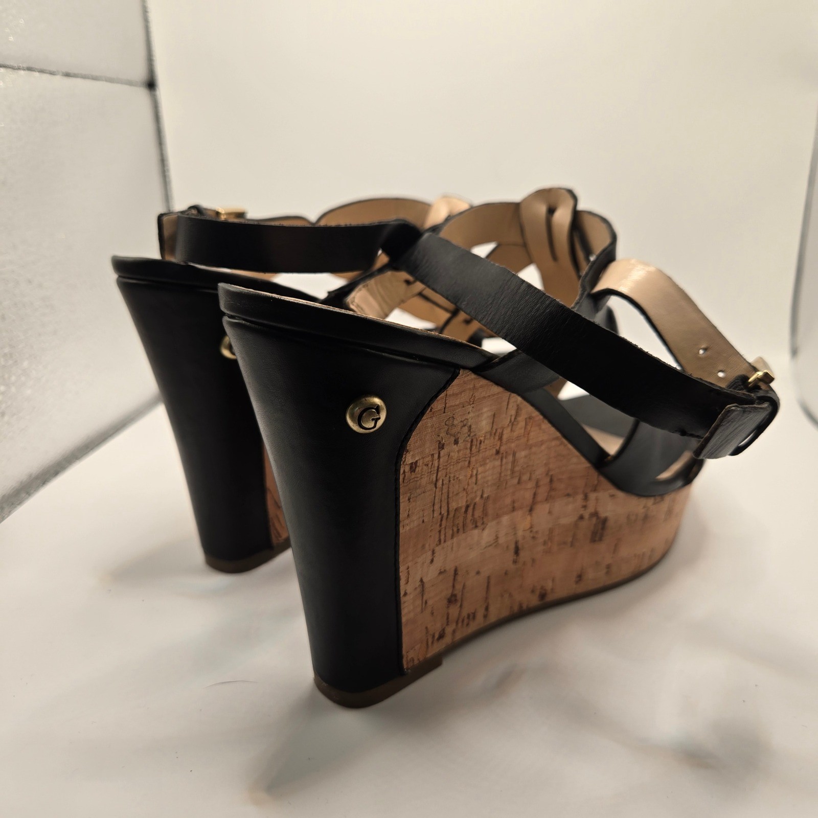 Guess Wedge Sandals Womens 8.5 Black Leather Cork Strappy Platform (S11)