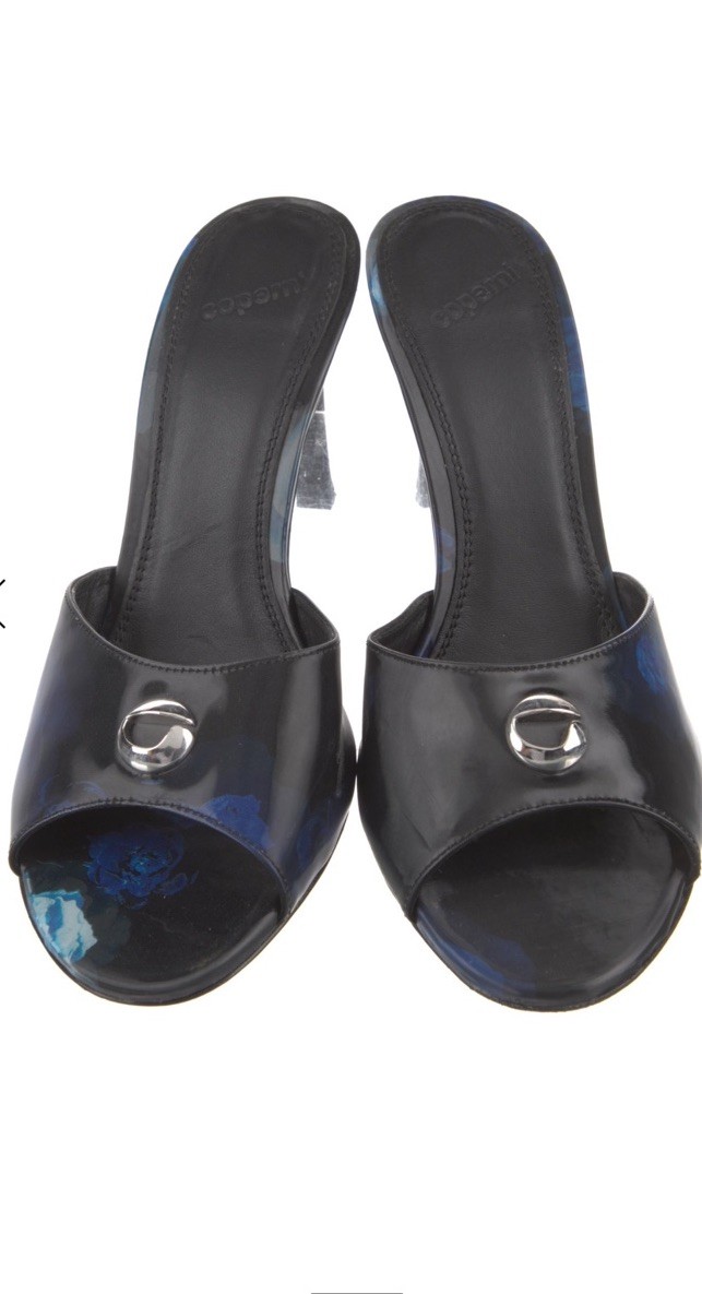 Coperni Women’s Black/Blue Floral Leather Open Toe Mule Heels US 8 EU 38