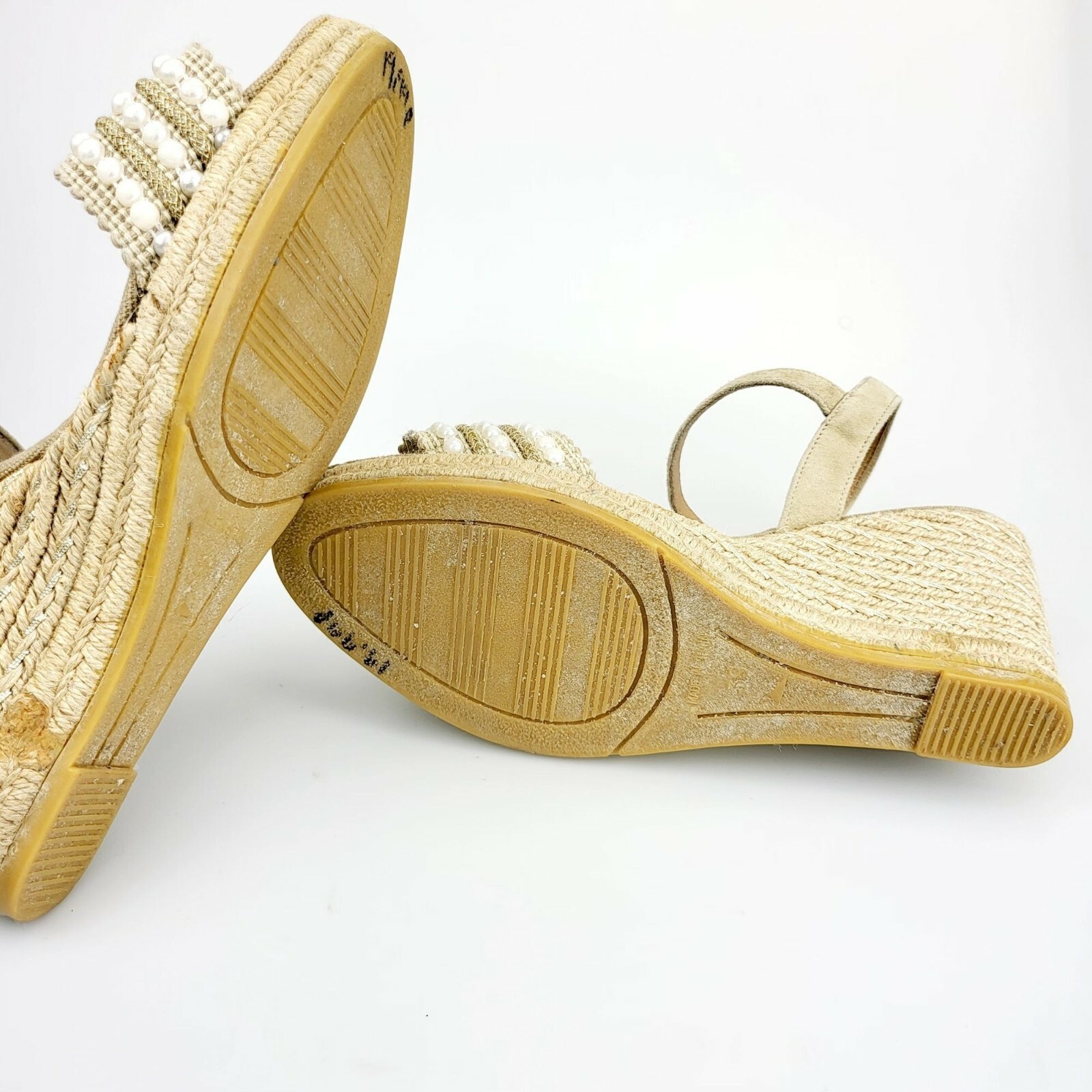 Boho Espadrille Wedge Sandals Womens 8 39 Tan Pearl Beaded Coastal Summer