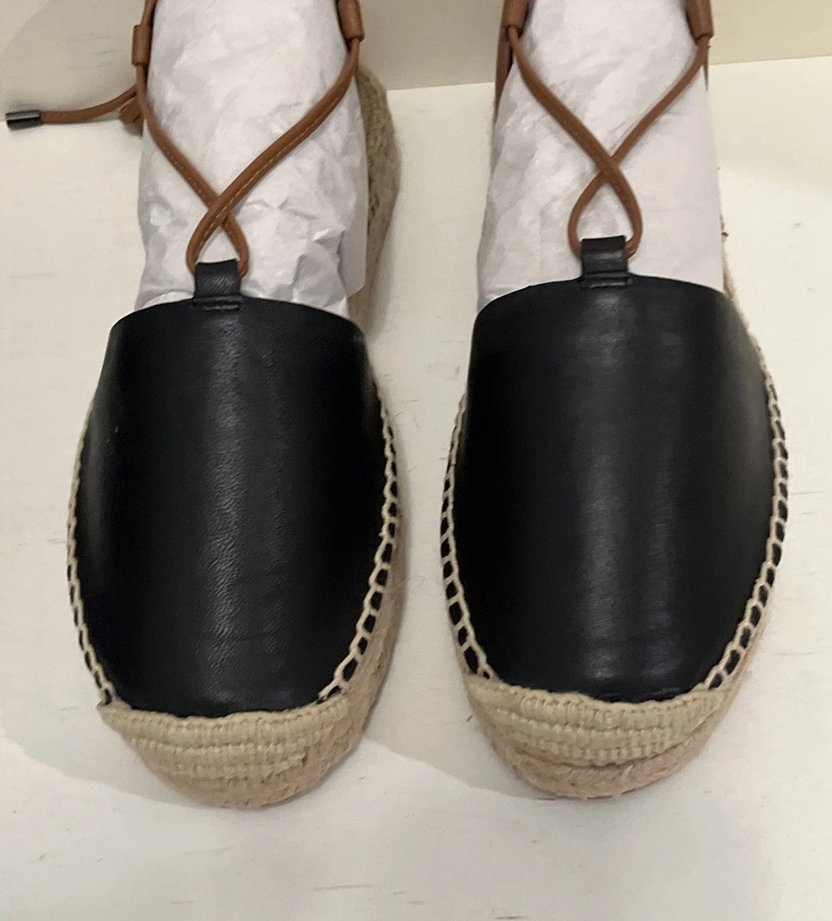 Coach Rita Espadrille Sandals Size 5.5M Black Leather LaceUp Flat Shoes NiB