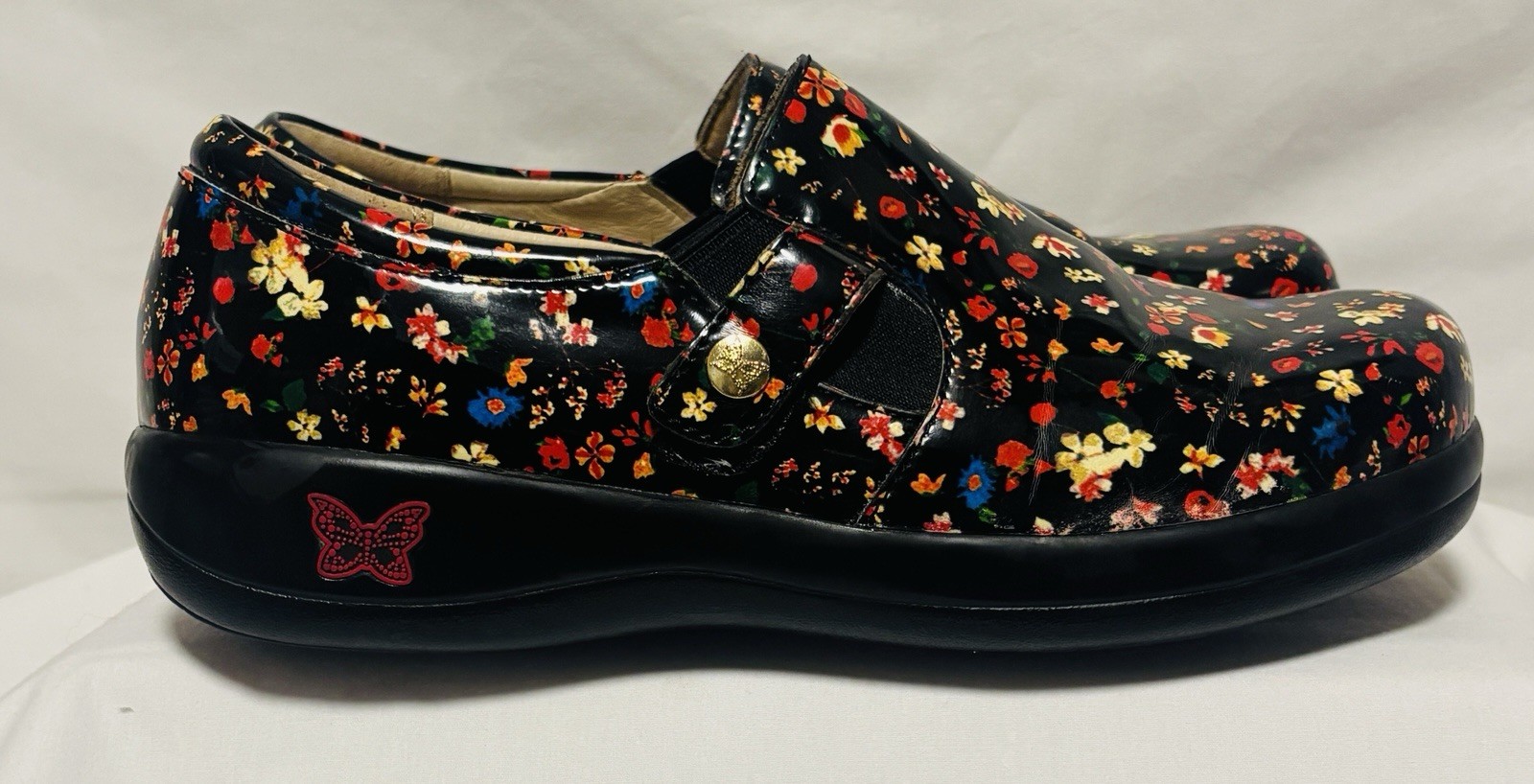 Alegria Kara Clogs Black Garden Floral Patent Leather Slip Ons Sz EU39/US9