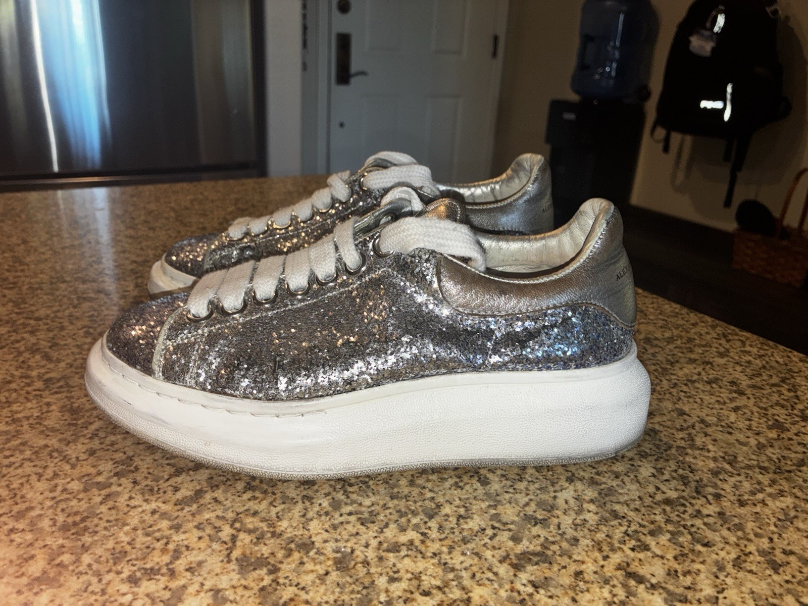 Alexander McQueen Metallic Silver Glitter Oversized Sneakers Size UK 35/US 5