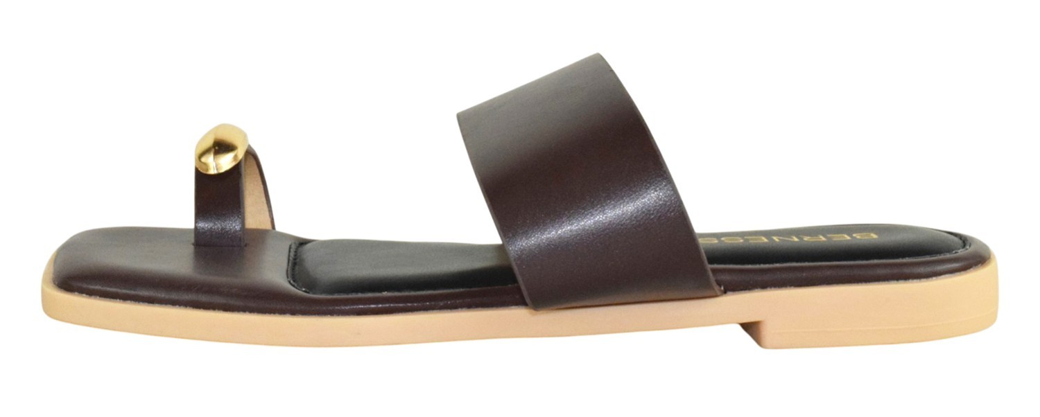 Berness Women Toe Ring Slide Sandals Gold Accent Cushione Flat KAMILA Dark Brown