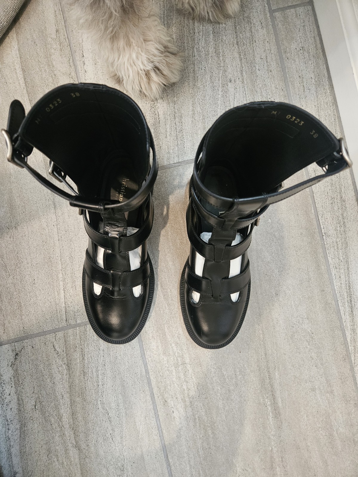 Christian Dior Black Leather Mid-Calf Biker Boots Buckle Straps US 8 EU 38