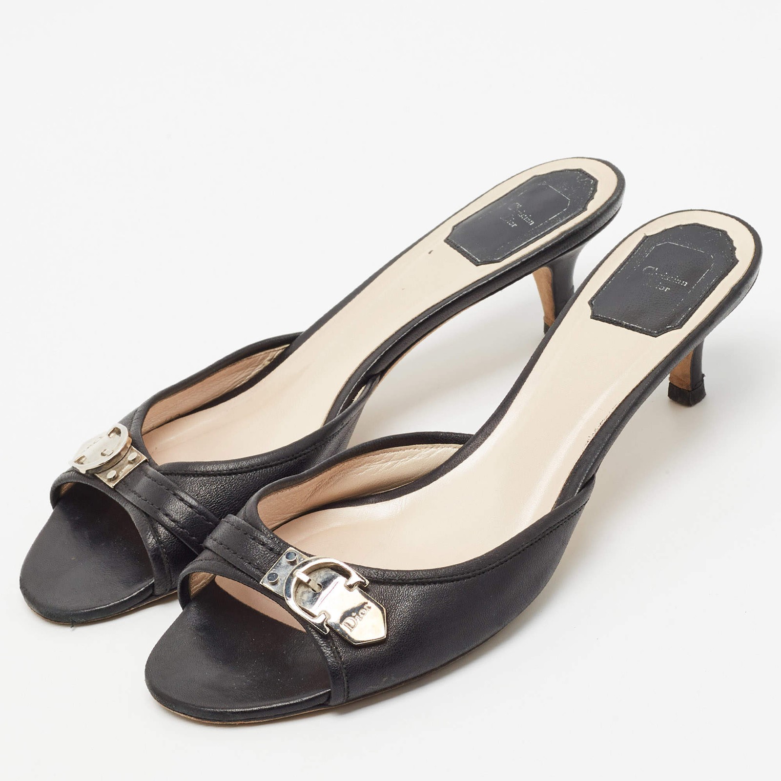 Dior Size 39.5 Black Leather Buckle Mules