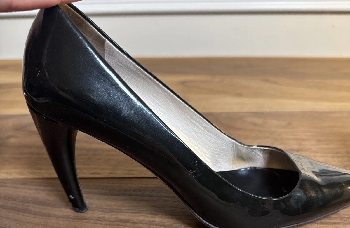 Prada Pumps Black Patent Leather Size 36 Pointed Toe Heels Designer 3.5 In Heel