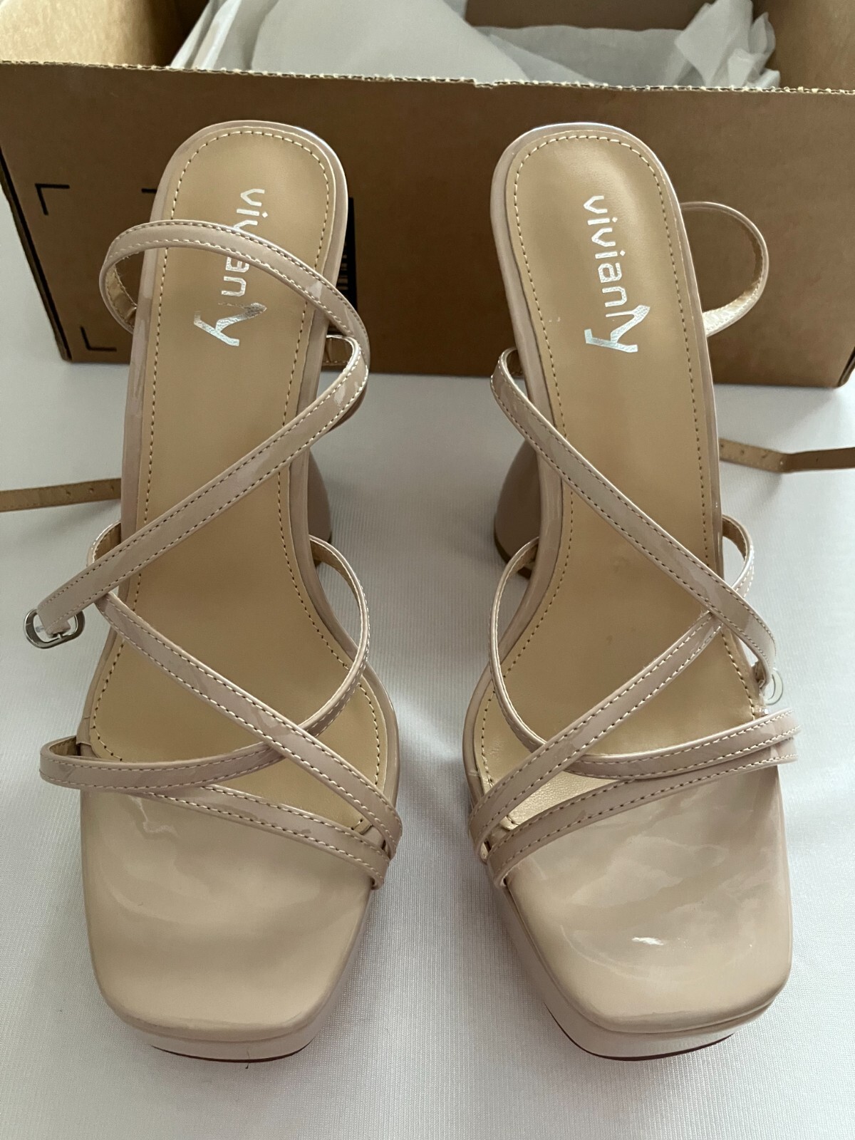 Viviany Square Toe Platform Sandals Nude Chunky Block Heel Ankle Strap 8.5 NEW