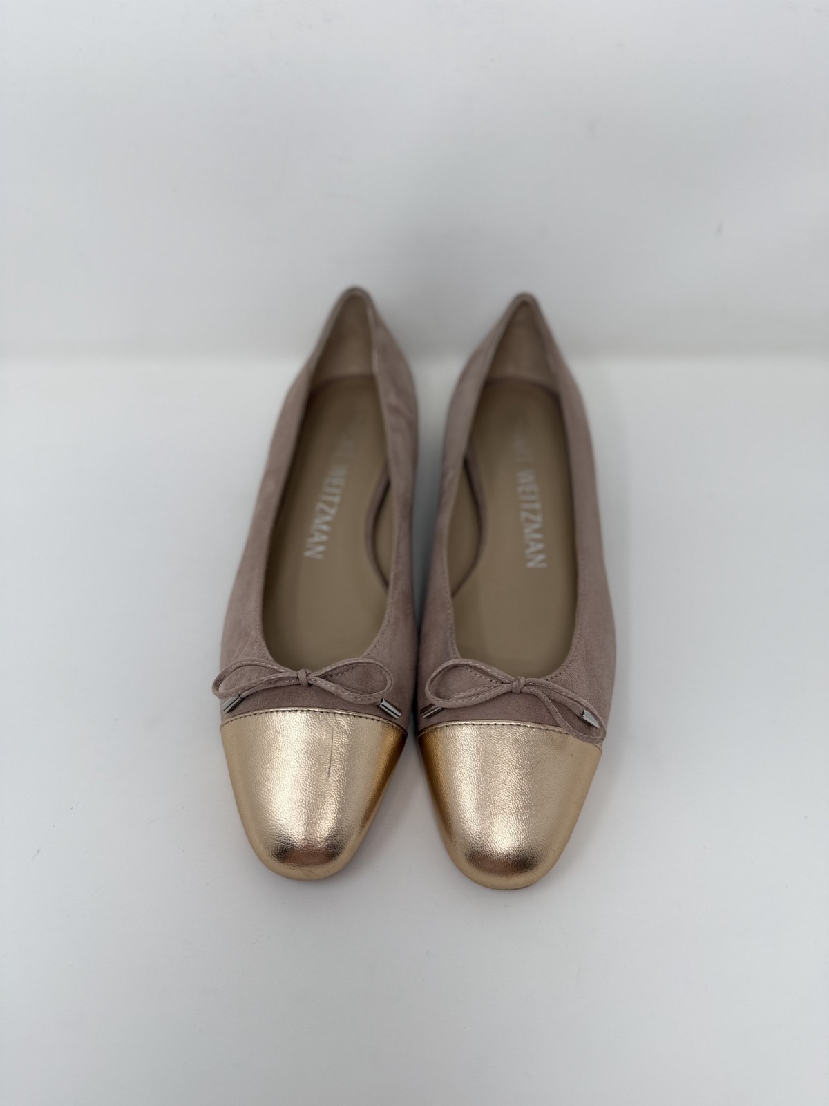 New Stuart Weitzman Sleek Suede Cap Toe Bow Flat Fawn Sz 8.5