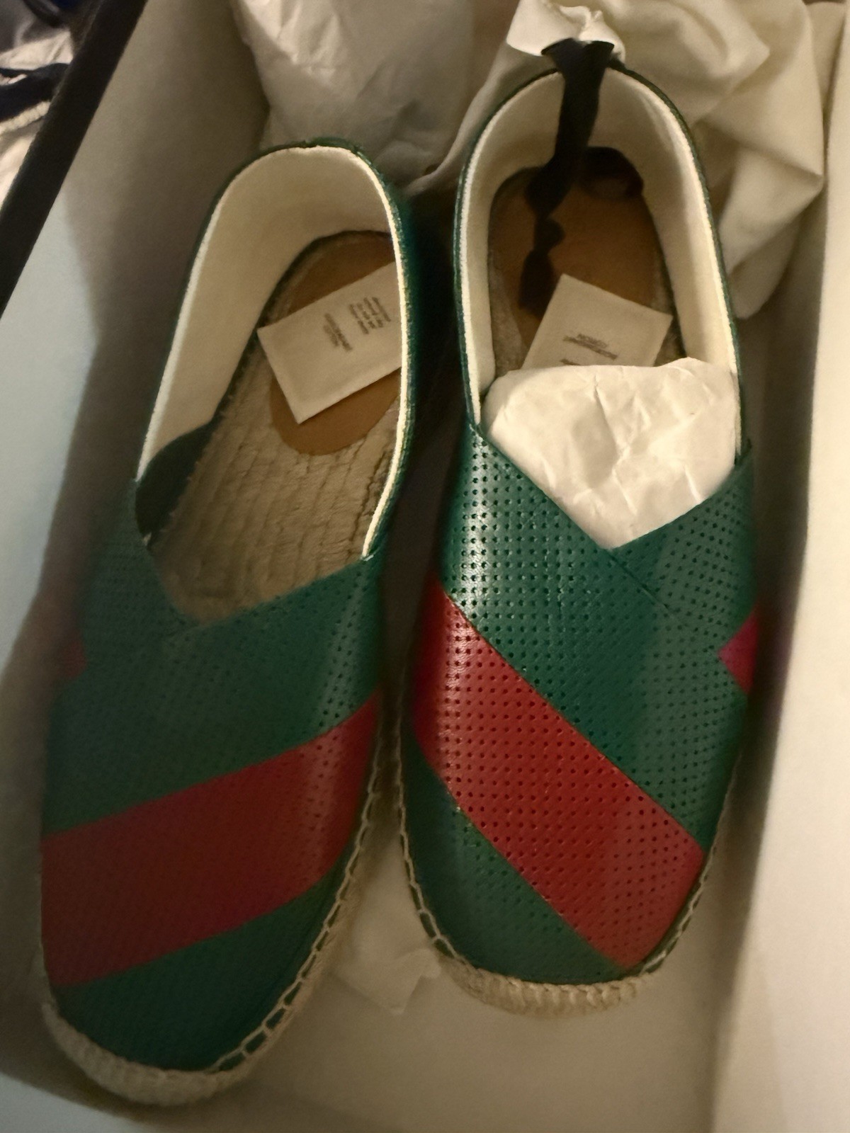 Gucci Green/Red Striped Espadrille Flats Leather Slip-On Logo Bee US 5
