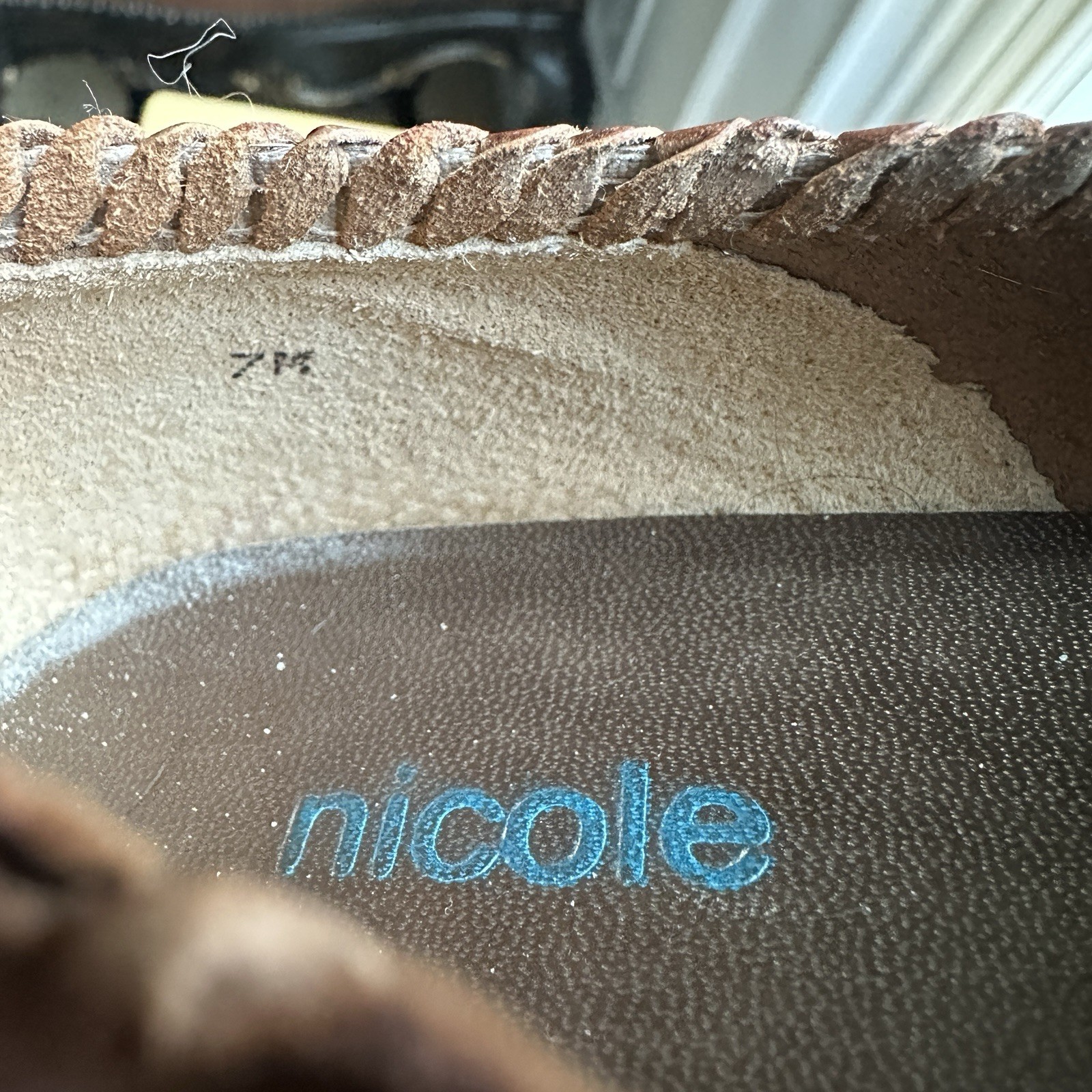 Nicole Slip-on Shoes Women’s Size 7.5 Brown Leather Woven Square Toe Brazil