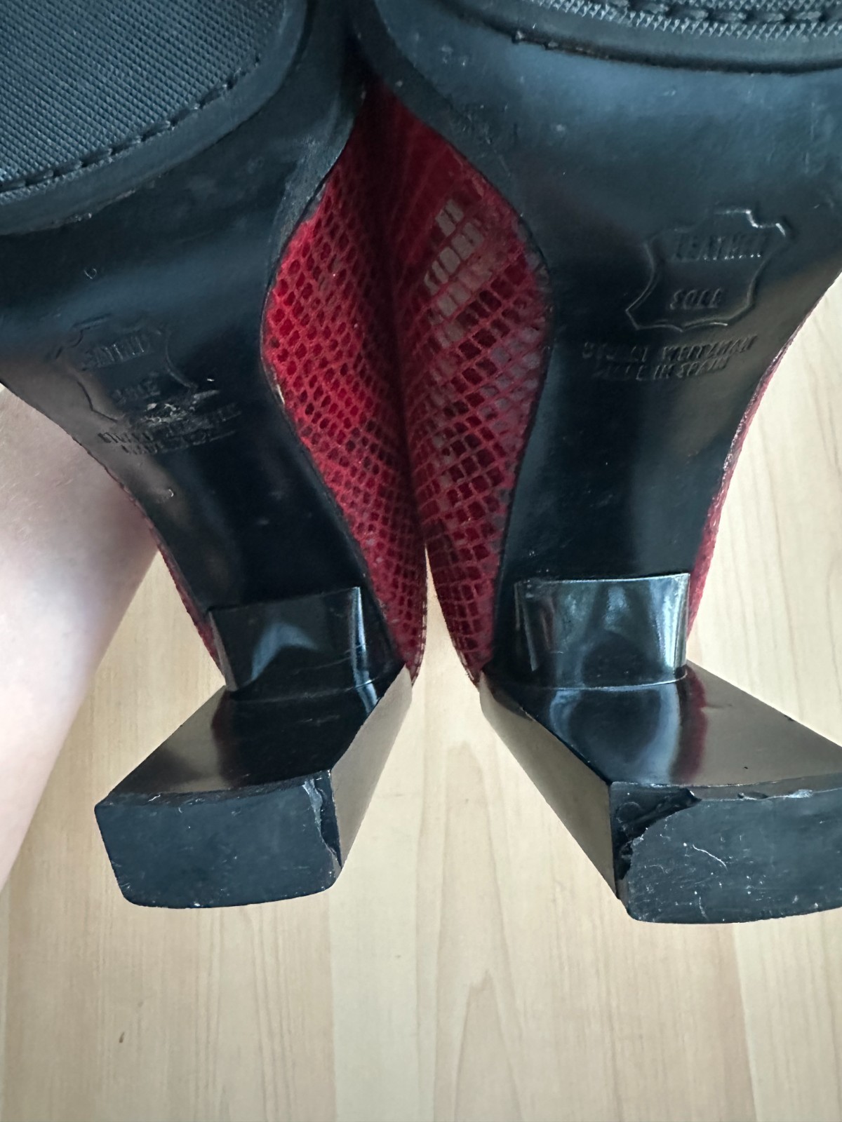Stuart Weitzman Apollo Red and Black Snakeskin High Heel Ankle Boots, size 6