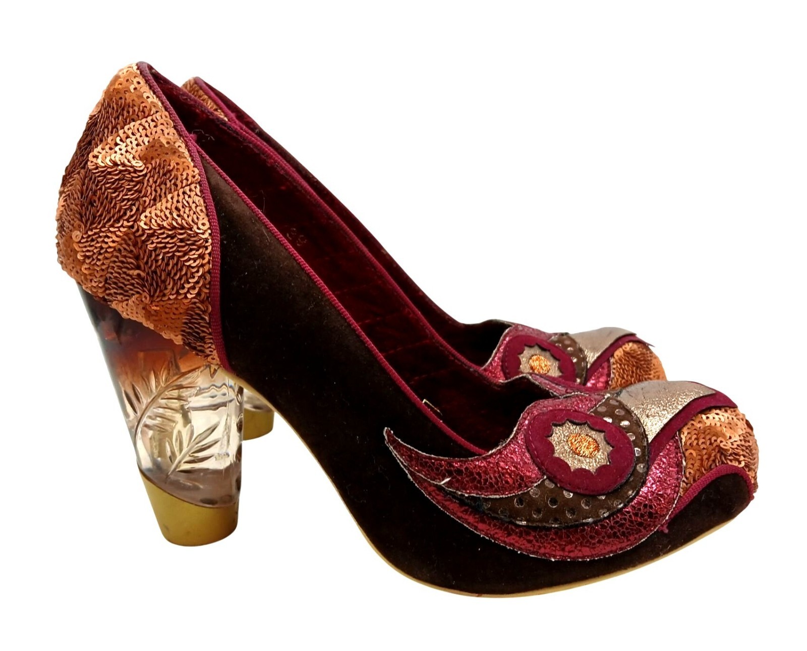 Irregular Choice Burgundy Gold Sequin Velvet Heels Acrylic Clear Heel Size 39 EU
