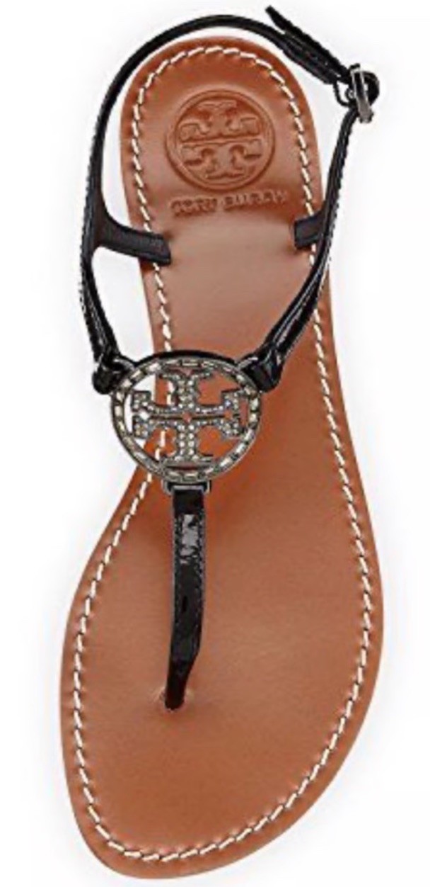 Tory Burch Violet T-Strap Black Patent Leather Pave Crystal Logo Flat Sandals-7