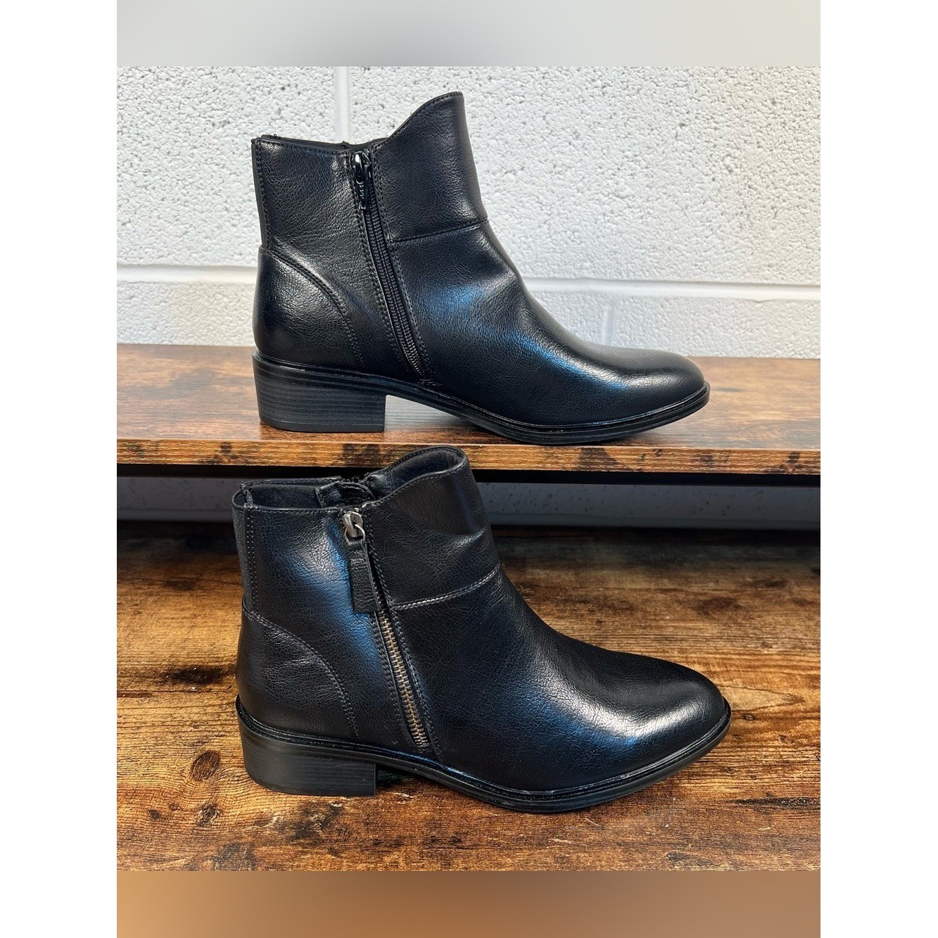 BareTraps Booties Alona Black Boots Low Heel Almond Toe Zip Faux Leather 7.5