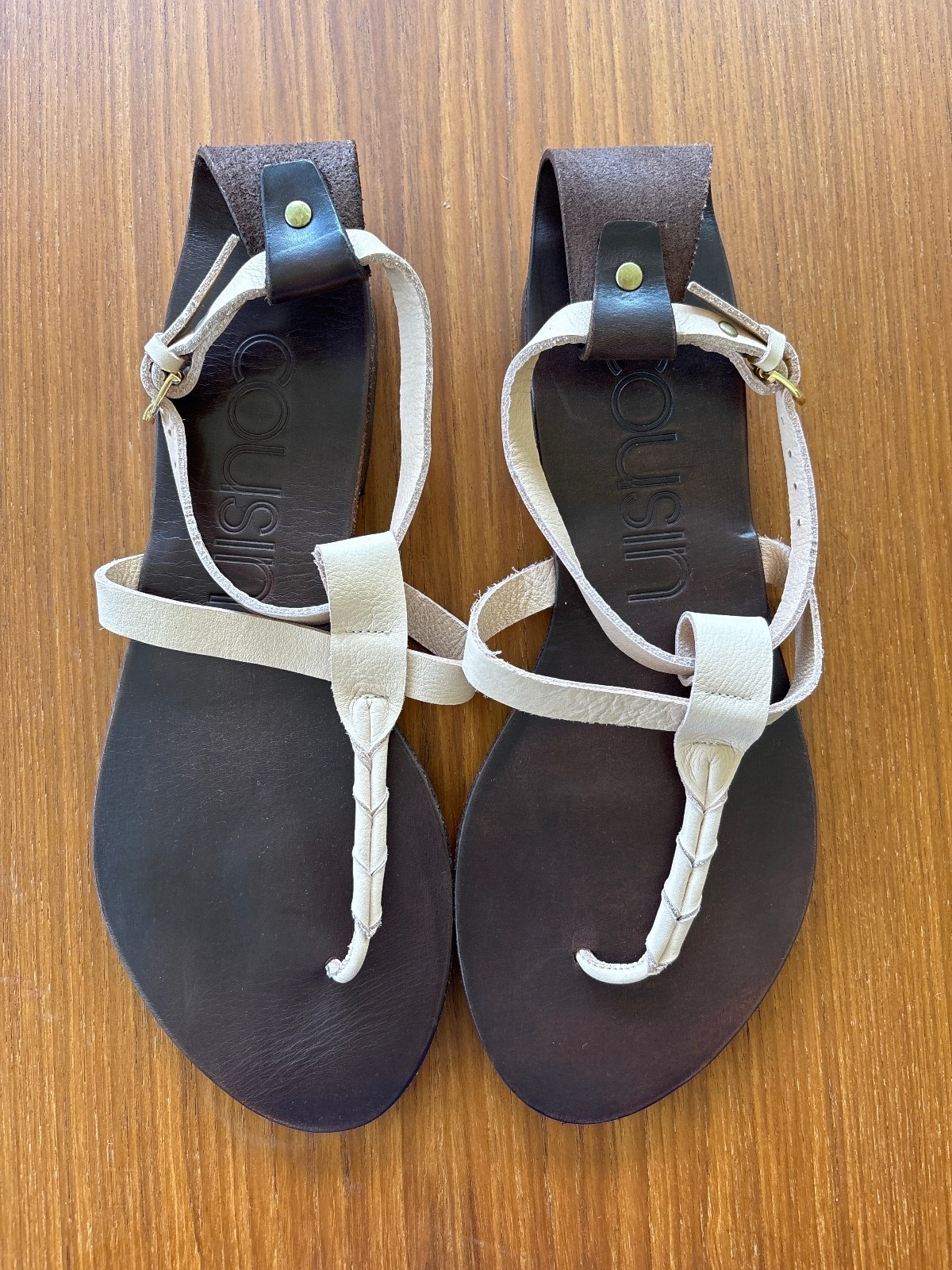 Cousin Women’s Leather and Fabric T-Strap Sandals with Ankle Buckle